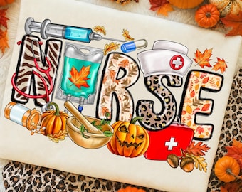 May include: A white fabric surface featuring the word NURSE in large, patterned letters. The design includes a syringe, IV bag, stethoscope, pill bottle, mortar and pestle, nurse cap, and first aid kit, all surrounded by autumn leaves and pumpkins.