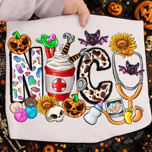 May include: A white t-shirt featuring a graphic design with the letters N and C. The design includes a jack-o'-lantern, a coffee cup with a red cross, a skull, sunflowers, bats, a baby bottle, a pacifier, a sonogram, and baby feet.