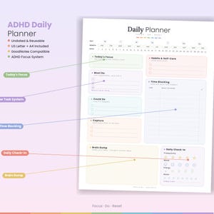 Planer dzienny ADHD do druku | Planer produktywności dla osób neuroatypowych | List amerykański A4 | Planer skupienia z blokowaniem czasu w formacie PDF