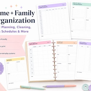 Puede incluir: Una colección de plantillas imprimibles para la organización del hogar y la familia, que incluye un horario familiar, lista de limpieza, planificador de comidas semanal, lista de compras, tareas familiares y rutina para niños.