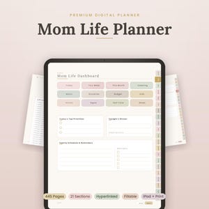May include: A digital planner displayed on a tablet screen titled Mom Life Planner. The interface features a Mom Life Dashboard with pastel-colored buttons for categories like Today, Meals, and Budget, plus sections for priorities, dinner, and family schedules.