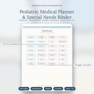 Pediatric Medical Planner & Special Needs Binder | Fillable Hyperlinked PDF | Medication Symptom Therapy Tracker | IEP Appointment Organizer