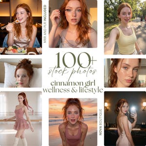 May include: A collection of 100+ stock photos featuring a person with red hair in various lifestyle settings, including dining, applying makeup, exercising, and relaxing, with the text 100+ stock photos cinnamon girl wellness & lifestyle.