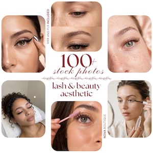 May include: A collection of 100+ stock photos featuring lash and beauty aesthetic imagery. The collage displays various close-up shots of eyes with applied lashes, mascara application, and grooming tools like a pink spoolie brush and clear serum.