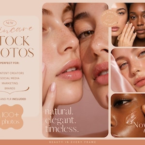 Könnte beinhalten: Eine Sammlung von Hautpflege-Stockfotos mit verschiedenen Gesichtern und strahlender Haut. Der Text umfasst NEW skincare STOCK PHOTOS, PERFECT FOR: CONTENT CREATORS, SOCIAL MEDIA, MARKETING, BRANDS, MRR AND PLR INCLUDED, 100+ photos, natural. elegant. timeless., Nova boutique, BEAUTY IN EVERY FRAME.