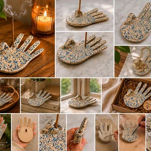 May include: A beige ceramic incense holder shaped like a hand, decorated with a blue floral pattern. The holder is 6.5 inches long and 4.5 inches wide. An incense stick is placed in the holder.