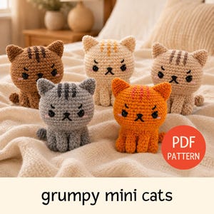 Wzór na szydełko dla małych Grumpy Cats | Kawaii Tabby Cat Amigurumi, bez szycia, szydełkowanie dla początkujących w formacie PDF (do natychmiastowego pobrania)