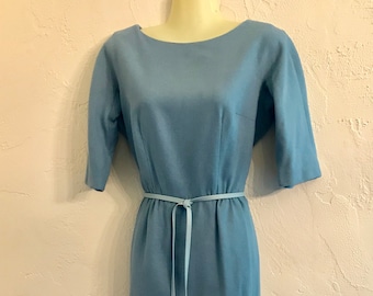 1950's  60’s Shannon Rodgers Dusty Blue Wool Wiggle Dress S