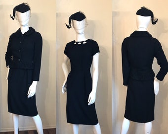 Vintage 1950’s Harmay Black Wool Persian Lamb trimmed Dress w/ Jacket S