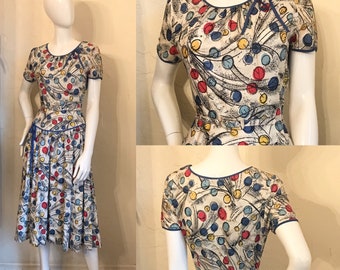 Darling Vintage 1950's Novelty Balloon Print Day Dress S-M