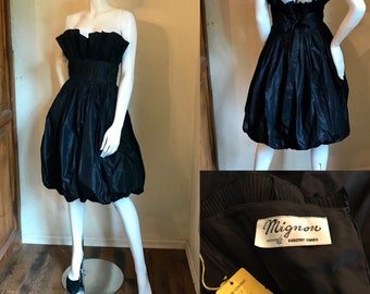 1980’s Mignon Dorothy Farbo Black Silk Strapless Bubble Dress Cocktail Dress S-M