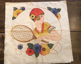 Vintage 1920 30er Jahre Art Deco Flapper Tennis Mädchen bestickt Boudoir Kissenbezug