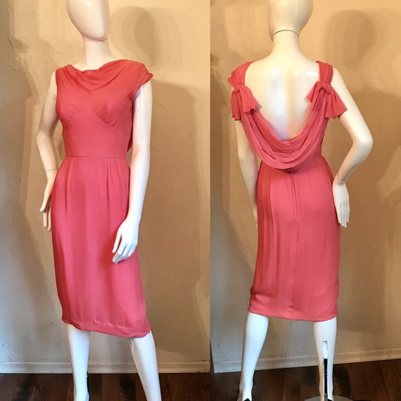 1950’s 60’s Peony Pink Silk Chiffon Cocktail Wiggl