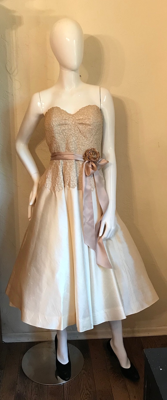 1950’s Dupoini Silk & Soutache Lace Party Dress -… - image 2