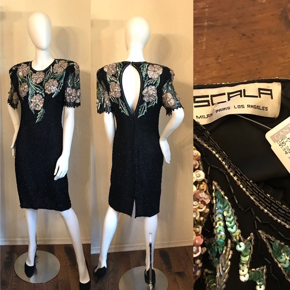 1980’s Scala Black Silk Beaded Cocktail Evening D… - image 1