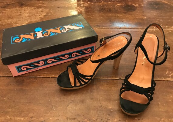 1970's Nina Black suede platform ankle strap high