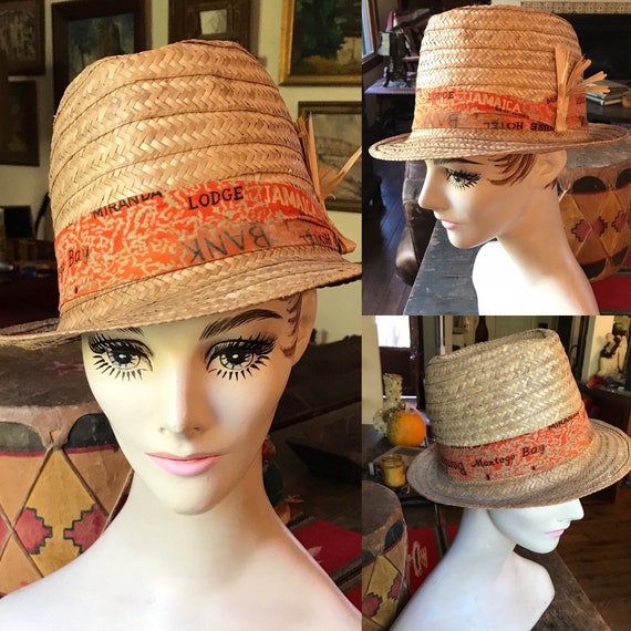 1950's Novelty Straw Fedora Hat Tiki Jamaica