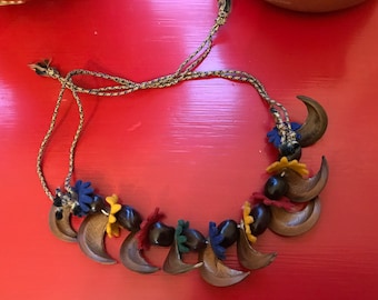 Vintage 1940's Novelty Carved Wood & Felt charm necklace