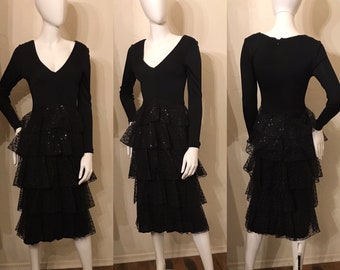Vintage 1970's Richilene Black Knit Sequin Ruffled Disco Party Dress  S-M