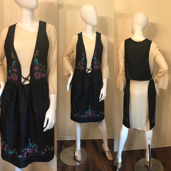 1920s 30s Embroidered Pinafore over Dress Flapper