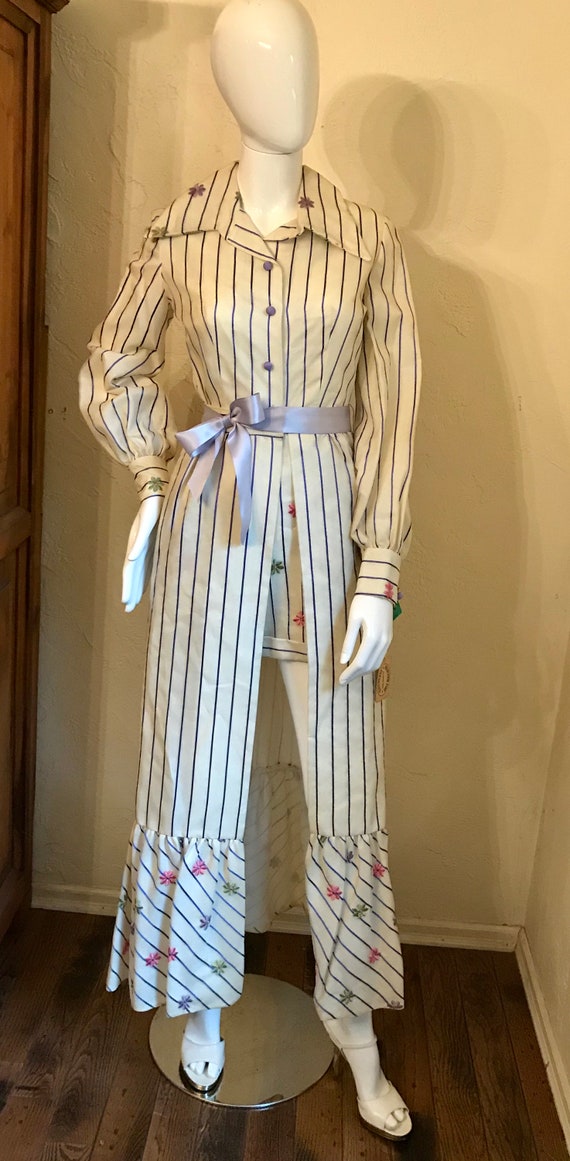1960s 70s Mod Flowers Stripes Organza Hostess Romper Jumpsuit Skirt Set S Etsy