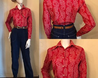 1960’s Red and White paisley Cotton Blouse Western shirt S-M