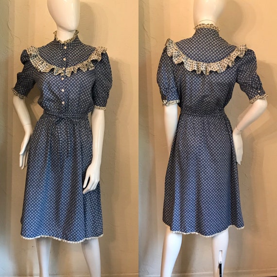 Vintage 1960’s 70’s Blue Calico Prairie Dress dres