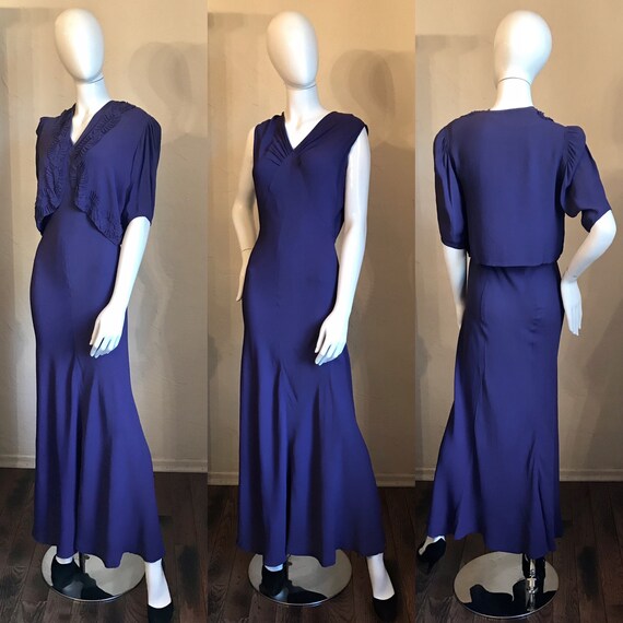 1930’s 40’s Periwinkle Rayon Evening Gown Dress &