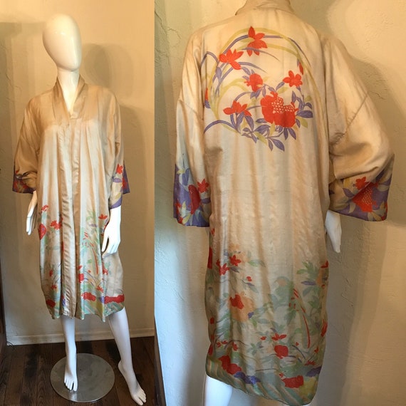 1920's 30's Art Deco Flapper Floral Pongee Silk Ro