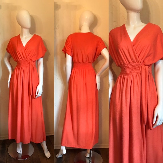 Vintage 1970's Mod Tangerine Terry Knit Maxi Dress
