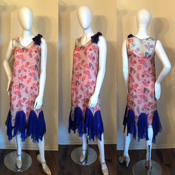1920's 30's Art Deco Flapper Floral Silk Chiffon p