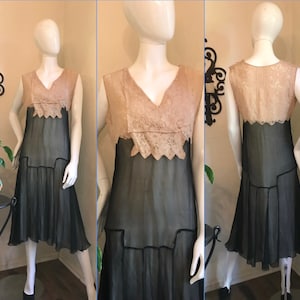 1920's 30's Art Deco Flapper Silk Chiffon & Lace Dress S-M image 1