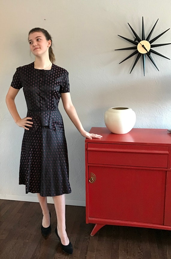 1930’s 40’s Black Satin & Pink embroidered Brocade