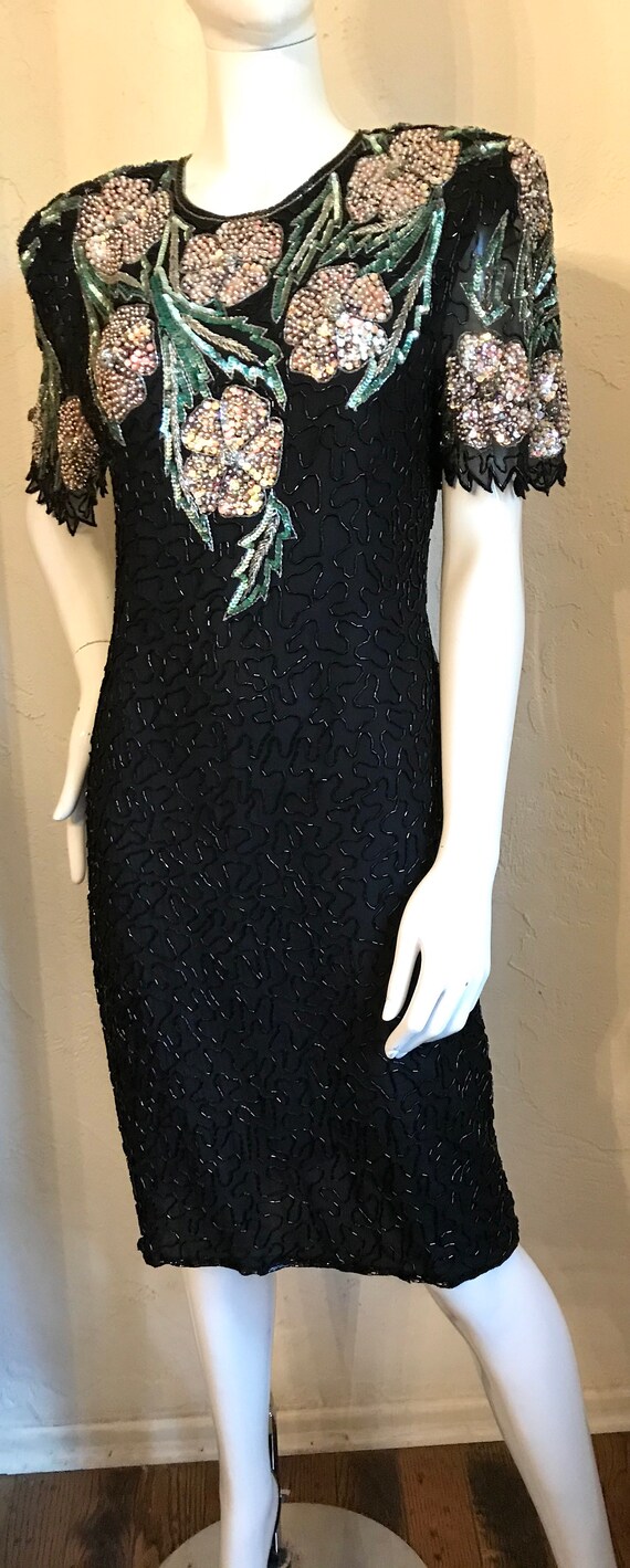 1980’s Scala Black Silk Beaded Cocktail Evening D… - image 4