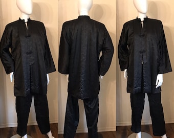 1940's Japanese Black Quilted Silk Jacket  & Pants Lounge Set Suit S-M