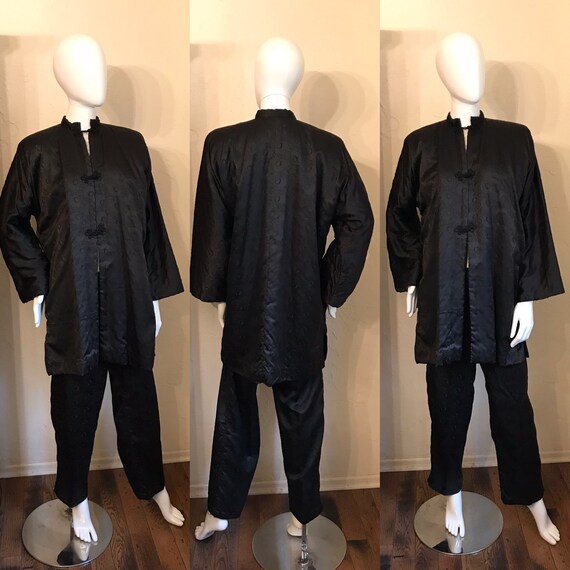 1940's Japanese Black Quilted Silk Jacket  & Pant… - image 1