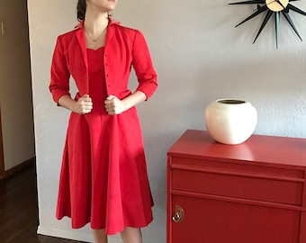 Vintage 1950's Johnathan Logan Red Fit n Flare Dress w/ Jacket S