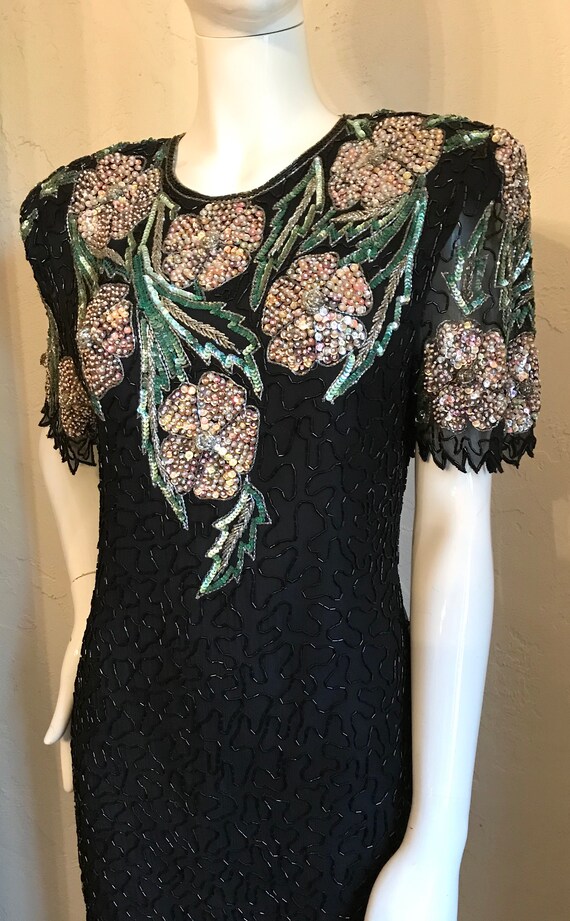 1980’s Scala Black Silk Beaded Cocktail Evening D… - image 5