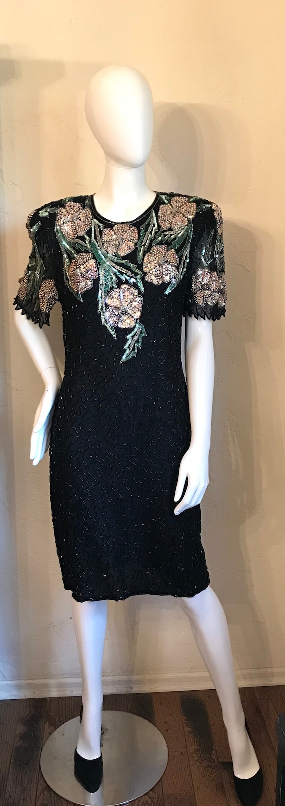 1980’s Scala Black Silk Beaded Cocktail Evening D… - image 2