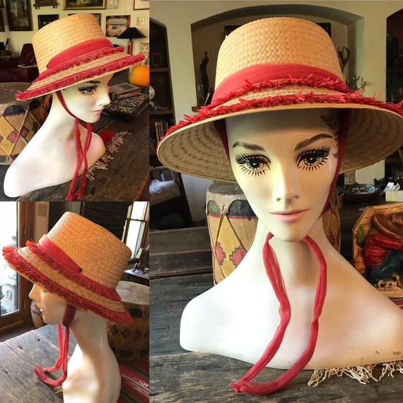 1950's Raffia fringe Straw Sun Hat Beach Hat