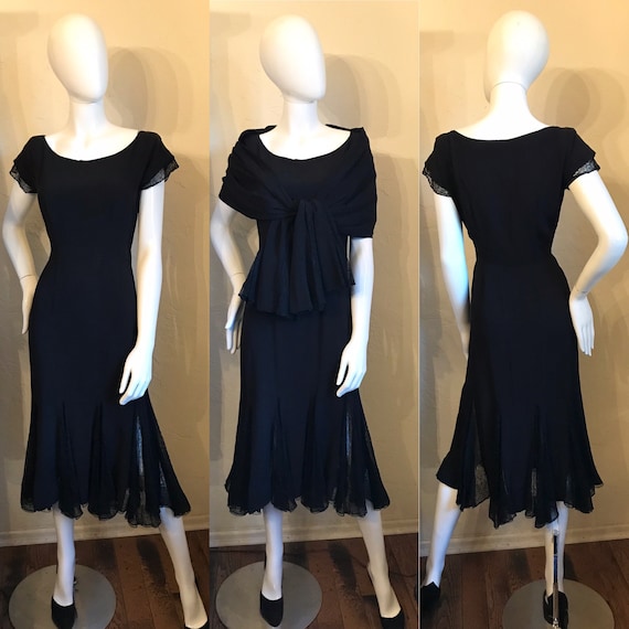 1940's Black Rayon & Chantilly Lace Cocktail Dres… - image 1