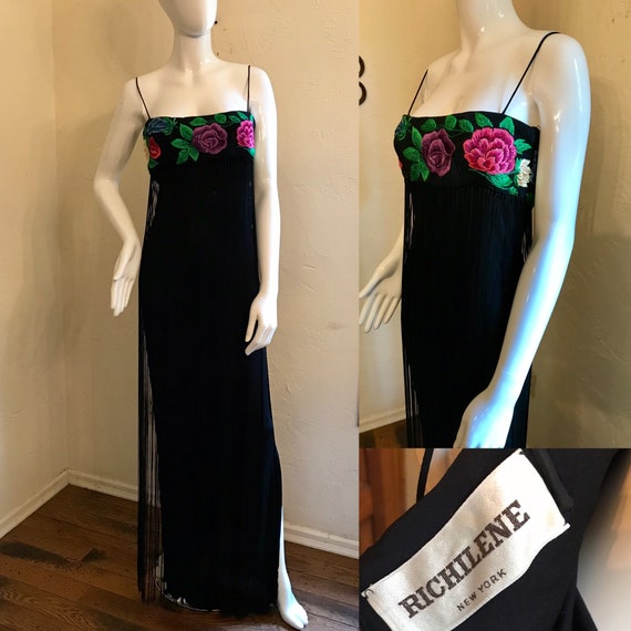 Vintage 1970's Richilene Embroidered & Fringe Blac