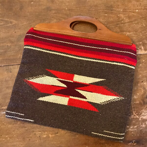 Reserved for OMAR 1940's Ganscraft Chimayo Purse  woven wool Wood handle purse Native