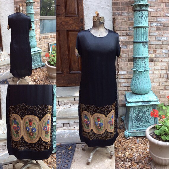 1920's Black Silk Beaded Evening Dress Flapper Dre