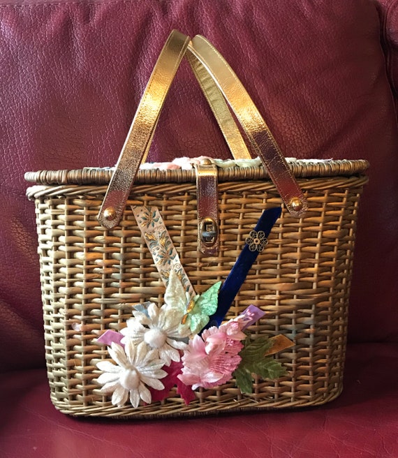 VINTAGE 1950's 60’s Large Wicker Jeweled Bag Handb