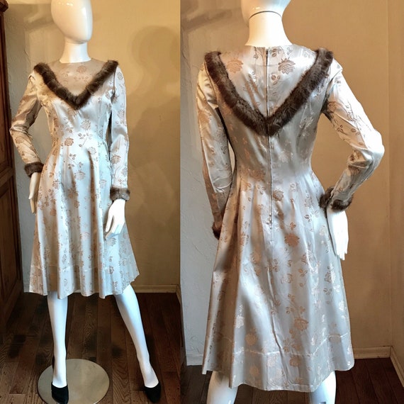 1950's Gold Satin Brocade Fur trimmed Holiday part