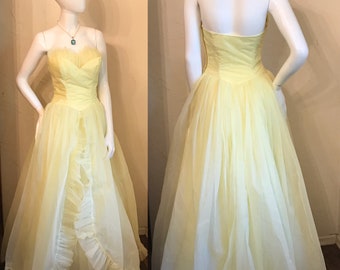 1950’s Belle of the Ball Yellow Nylon Tulle Cupcake Party Dress Prom Dress S