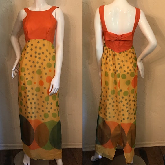 Vintage 1960's MOD Op Art Dots Chiffon Maxi Dress