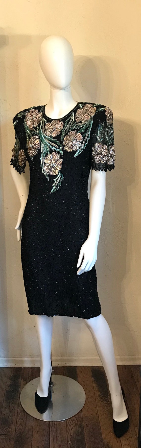 1980’s Scala Black Silk Beaded Cocktail Evening D… - image 3