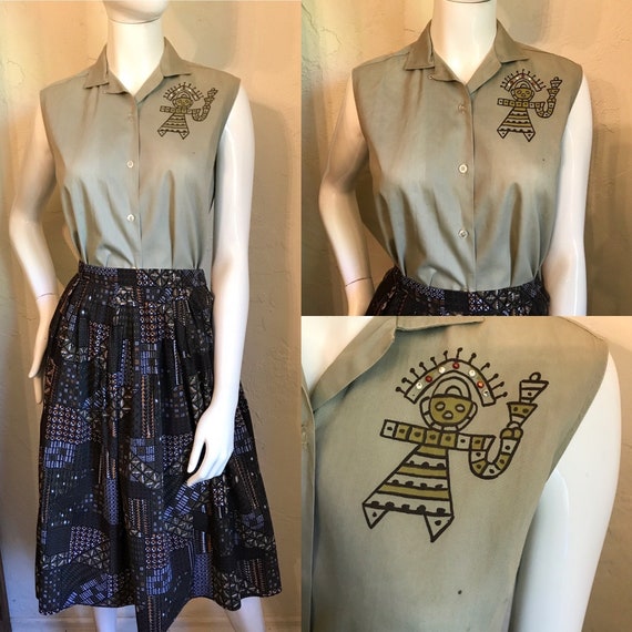 1950's Novelty Hawaiian Tiki olive green Cotton Bl